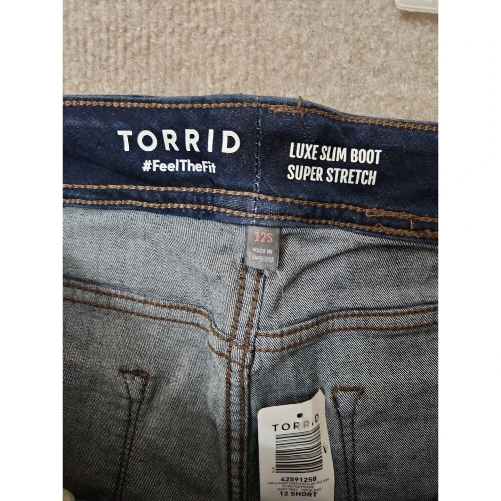 Torrid Luxe Slim Boot Cut Jeans Womens 12 Short Blue Dark Wash Super Stretch NEW